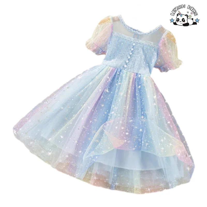 LEZONKIDS - Customizable New Arrival Short Sleeves rainbow Foil Printed Summer Girl Tulle Dresses for 2-14 Years